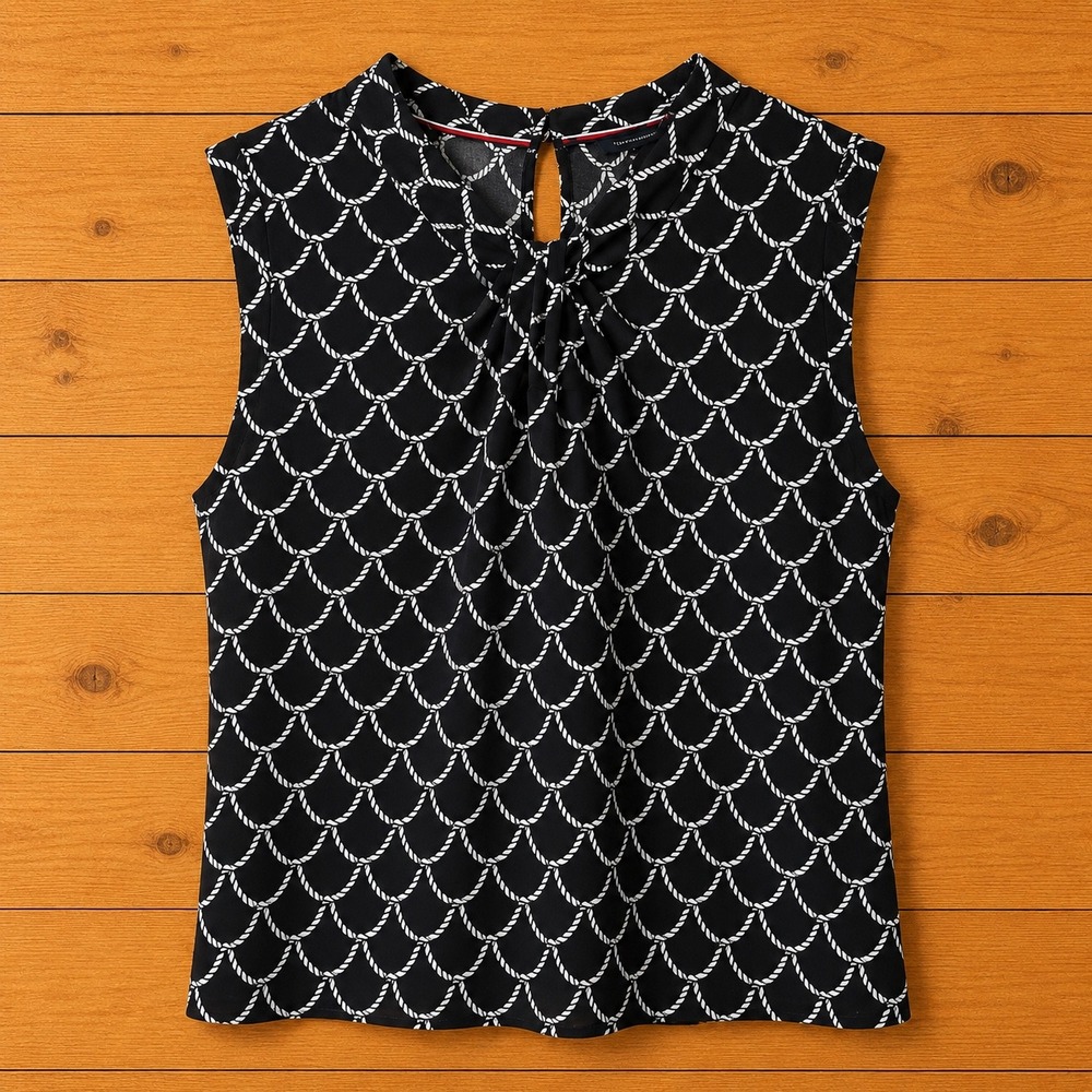 Tommy Hilfiger Navy White Nautical Rope Print Sleeveless Mock Neck Blouse Medium